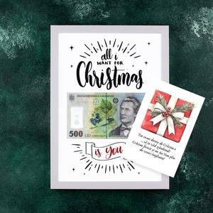 Tablou de Craciun A4 cu Bancnota lei, All I Want for Christmas is You Cadou Amuzant - cu felicitare - casă & stil de viață - accesorii pentru decorat casa - picturi murale - panouri și tablouri, panouri decorative - Artynos.ro