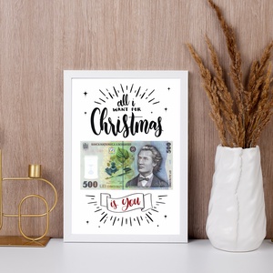 Tablou de Craciun A4 cu Bancnota lei, All I Want for Christmas is You Cadou Amuzant - cu felicitare - casă & stil de viață - accesorii pentru decorat casa - picturi murale - panouri și tablouri, panouri decorative - Artynos.ro