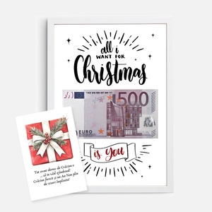 Tablou de Craciun A4 cu Bancnota euro, All I Want for Christmas is You Cadou Amuzant - cu felicitare, Casa & Stil de viata, Decoratiuni de casa, Picturi murale, Fotografie, grafica, desen, ilustratie, ARTYNOS