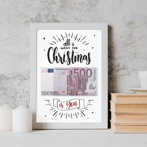Tablou de Craciun A4 cu Bancnota euro, All I Want for Christmas is You Cadou Amuzant - cu felicitare - casă & stil de viață - decorațiuni de casă - picturi murale - Artynos.ro