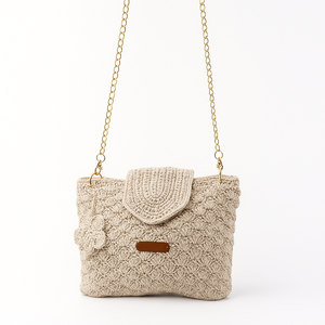 Poseta crosetata bej, Curea din lant auriu, handmade, Genti si portofele, Genti de mana si umar, Geanta casual, Crosetat, ARTYNOS