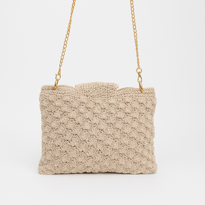 Poseta crosetata bej, Curea din lant auriu, handmade - genți și portofele - genți de mână și umăr - geantă casual - Artynos.ro