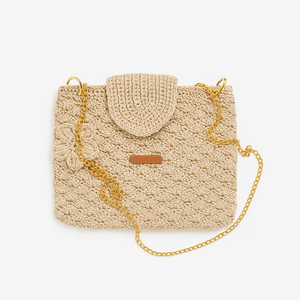 Poseta crosetata bej, Curea din lant auriu, handmade - genți și portofele - genți de mână și umăr - geantă casual - Artynos.ro