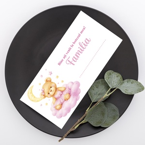 Plic de bani pentru botez model ursulet fetita in rochita roz - accesorii nuntă - amintiri și cadouri de nuntă - cadou nuntă - plic de bani, card - Artynos.ro