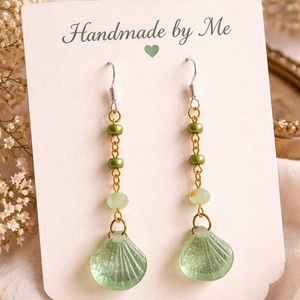 Cercei handmade verzi � scoică si mărgele sticlă, argint 925, boho elegant - bijuterii - cercei - cercei din sticlă - Artynos.ro