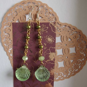 Cercei handmade verzi � scoica si margele sticla, argint 925, boho elegant, Bijuterii, Cercei, Cercei din sticla, Confectionarea bijuteriilor, ARTYNOS