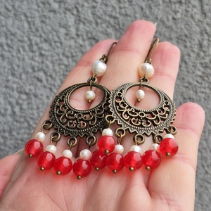 Cercei candelabru cu agat și perle naturale FRAMBOISE D'HIVER - bijuterii - cercei - cercei din pietre semiprețioase - Artynos.ro