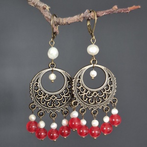 Cercei candelabru cu agat si perle naturale FRAMBOISE D'HIVER - Artynos.ro