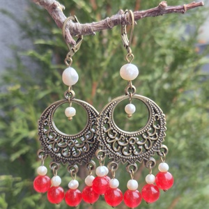 Cercei candelabru cu agat și perle naturale FRAMBOISE D'HIVER - bijuterii - cercei - cercei din pietre semiprețioase - Artynos.ro