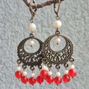 Cercei candelabru cu agat și perle naturale FRAMBOISE D'HIVER - bijuterii - cercei - cercei din pietre semiprețioase - Artynos.ro