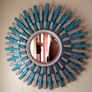 Oglinda soare handmade turquoise si argintiu - Artynos.ro