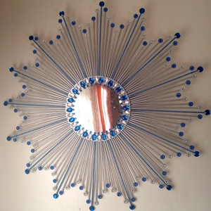 Beautiful Silver 80 cm Diameter Glam Clear and Blue Crystals Sunburst Mirror - Artynos.ro