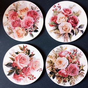 Set of four decoupage coasters - Pink Roses, Casa & Stil de viata, Echipamente de bucatarie, Accesorii de servire, Coastere, Decoupage, transfer si tehnici servetel, ARTYNOS