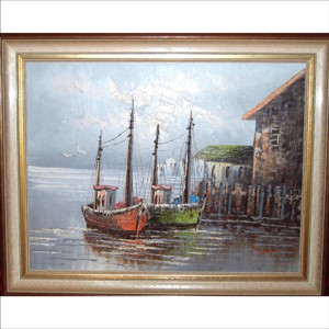 Barje in port, pictura in ulei pe panza, Arte vizuale si accesorii , Picturi, Pictura in ulei, , ARTYNOS