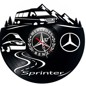 Ceas de perete decorativ realizat din disc de vinil, Model Utilitara Mercedes-Benz Sprinter si Peisaj Montan, Negru, 30  - Artynos.ro