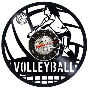 Ceas de perete decorativ realizat din disc de vinil, Model Jucatoare de Volei si Mingea pe Fileu, Text Volleyball, Negru - Artynos.ro