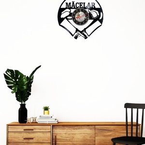 Ceas de perete decorativ realizat din disc de vinil, Model Macelar cu Satâre si Mezeluri, Text Măcelar, Negru, 30 cm - casă & stil de viață - decorațiuni de casă - decorațiuni de pereți - ceasuri de perete - Artynos.ro
