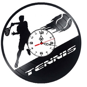 Ceas de perete decorativ realizat din disc de vinil, Model Jucator de Tenis si Mingea in Viteza, Text Tennis, Negru, 30  - Artynos.ro