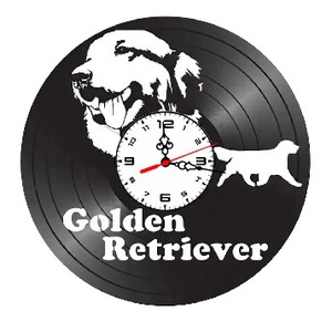 Ceas de perete decorativ realizat din disc de vinil, Model Caine Golden Retriever, Text Personalizat, Negru, 30 cm - Artynos.ro
