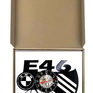 Ceas de perete decorativ realizat din disc de vinil, Model BMW E46 Sedan Sigla Auto Dungi M Power, Negru, 30 cm - casă & stil de viață - decorațiuni de casă - decorațiuni de pereți - ceasuri de perete - Artynos.ro
