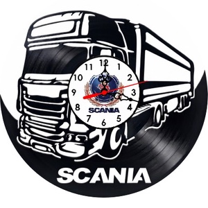 Ceas de perete decorativ realizat din disc de vinil, Model Camion Tir Scania Regele Soselelor Logo Auto, Negru, 30 cm - Artynos.ro