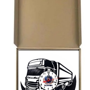 Ceas de perete decorativ realizat din disc de vinil, Model Camion Tir Scania Regele Șoselelor Logo Auto, Negru, 30 cm - casă & stil de viață - decorațiuni de casă - decorațiuni de pereți - ceasuri de perete - Artynos.ro
