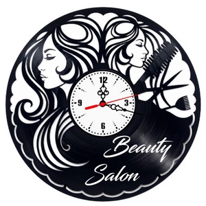 Ceas de perete decorativ realizat din disc de vinil, Model Salon Infrumusetare Beauty Salon Coafor Hair Stylist, Negru,  - Artynos.ro