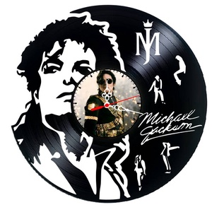 Ceas de perete decorativ realizat din disc de vinil, Model Michael Jackson King of Pop Monograma Semnatura, Negru, 30 cm - Artynos.ro