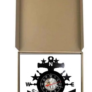 Ceas de perete decorativ realizat din disc de vinil, Model Ancoră Maritimă Cârmă Ochean Nautic, Negru, 30 cm - casă & stil de viață - decorațiuni de casă - decorațiuni de pereți - ceasuri de perete - Artynos.ro