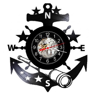 Ceas de perete decorativ realizat din disc de vinil, Model Ancora Maritima Carma Ochean Nautic, Negru, 30 cm - Artynos.ro