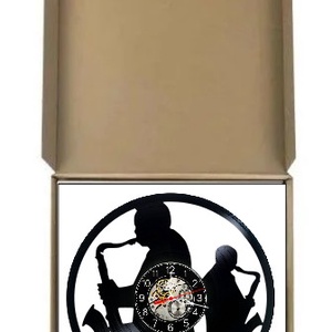 Ceas de perete decorativ realizat din disc de vinil, Model Muzicieni Saxofon Jazz Blues Duo, Negru, 30 cm - casă & stil de viață - decorațiuni de casă - decorațiuni de pereți - ceasuri de perete - Artynos.ro