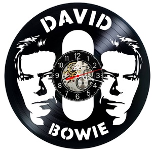 Ceas de perete decorativ realizat din disc de vinil, Model David Bowie Portret Dublu Muzica Rock, Negru, 30 cm - Artynos.ro