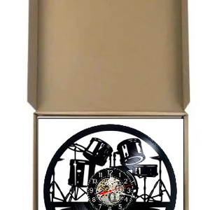 Ceas de perete decorativ realizat din disc de vinil, Model Baterie Tobe Drums Percutie Muzica, Negru, 30 cm - casă & stil de viață - decorațiuni de casă - decorațiuni de pereți - ceasuri de perete - Artynos.ro