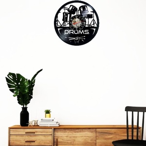 Ceas de perete decorativ realizat din disc de vinil, Model Baterie Tobe Drums Percutie Muzica, Negru, 30 cm - casă & stil de viață - decorațiuni de casă - decorațiuni de pereți - ceasuri de perete - Artynos.ro