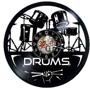 Ceas de perete decorativ realizat din disc de vinil, Model Baterie Tobe Drums Percutie Muzica, Negru, 30 cm - Artynos.ro
