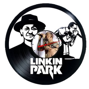 Ceas de perete decorativ realizat din disc de vinil, Model Linkin Park Chester Bennington Dublu Portret Rock Metal, Negr - Artynos.ro