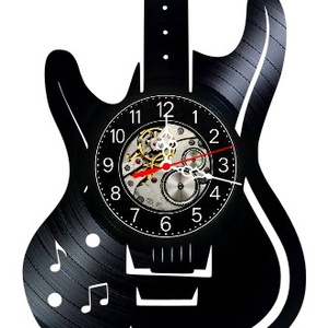Ceas de perete decorativ realizat din disc de vinil, Model Chitara Electrica Note Muzicale Rock, Negru, 30 cm, Casa & Stil de viata, Decoratiuni de casa, Decoratiuni de pereti, Ceasuri de perete, , Energia Riff-urilor Spectaculoase, Pasiunea pentru Chitara Electrica si Ritmul Nemuritor al Muzicii..., ARTYNOS