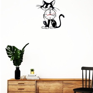 Ceas de perete decorativ realizat din disc de vinil, Model Pisica Neagra Cadran Alb Animal Companie, Negru, 30 cm - casă & stil de viață - decorațiuni de casă - decorațiuni de pereți - ceasuri de perete - Artynos.ro