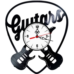 Ceas de perete decorativ realizat din disc de vinil, Model Chitare Electrice Pena Guitars Rock, Negru, 30 cm - Artynos.ro