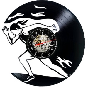 Ceas de perete decorativ realizat din disc de vinil, Model Atletism Alergare Sportiva Sprint Flacari, Negru, 30 cm - Artynos.ro