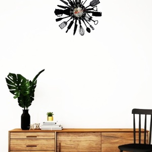 Ceas de perete decorativ realizat din disc de vinil, Model Bucătărie Ustensile Culinare Gătit, Negru, 30 cm - casă & stil de viață - decorațiuni de casă - decorațiuni de pereți - ceasuri de perete - Artynos.ro