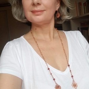 Lant lung din cupru cu margele de rodoncrosit  - bijuterii - coliere - coliere lungi - Artynos.ro