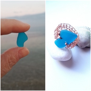 Inel din cupru cu sticla de mare-sea glass turcoaz - bijuterii - inele - inele de statement - Artynos.ro