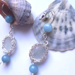 Cercei lungi argintii cu sticla de mare si acvamarin  - bijuterii - cercei - cercei din pietre semiprețioase - Artynos.ro