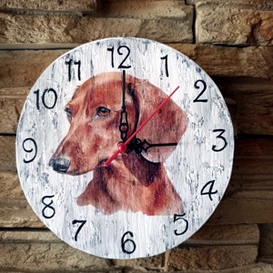 Ceas de perete din lemn in stil vintage cu caine dachshund maro, , , ARTYNOS