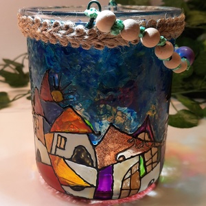 Suport de lumânare pictat cu căsuțe, Accesorii de Crăciun, Decorațiuni de Crăciun de casă, Lumânare parfumat de Crăciun, suport lumânări, Artă de sticlă, Obiecte pictate, ARTYNOS