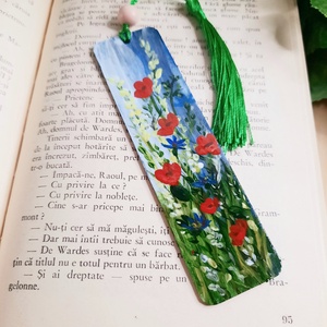 Semn de carte pictat manual - Camp cu flori - cărți și creații cu tematică muzicală, cadouri - semn de carte - Artynos.ro