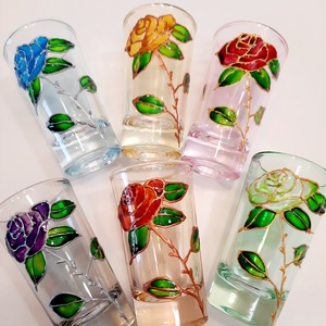 Pahare de tequila, pictate manual, Arte vizuale si accesorii , Picturi, Pictura pe sticla, Arta de sticla, Obiecte pictate, Pahare din sticla, pentru tequila sau shot-uri, pictate manual in stil vitraliu, cu trandafiri mult..., ARTYNOS