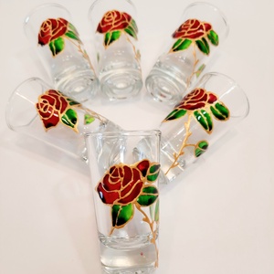 Pahare de tequila, pictate manual, Arte vizuale si accesorii , Picturi, Pictura pe sticla, Arta de sticla, Obiecte pictate, Pahare din sticla, pentru tequila sau shot-uri, pictate manual in stil vitraliu, cu trandafiri rosi..., ARTYNOS