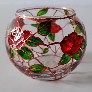 Suport lumanare, pictat cu trandafiri  - arte vizuale și accesorii  - picturi - pictură pe sticlă - Artynos.ro